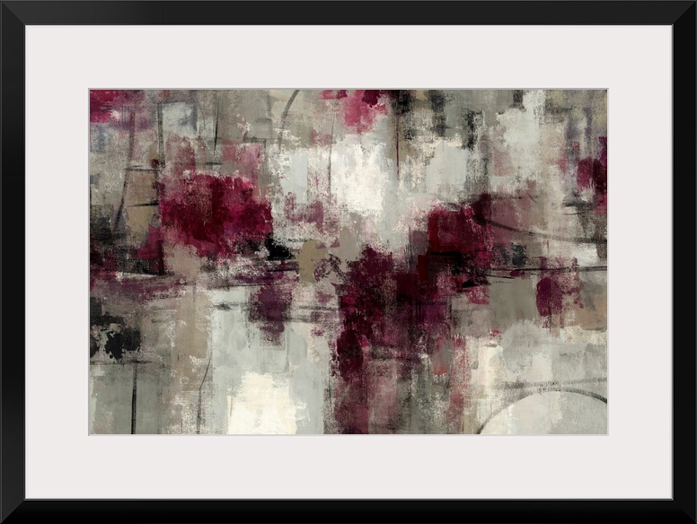 Abstract painting with dry brush strokes and patches of maroons on a neutral textured background.