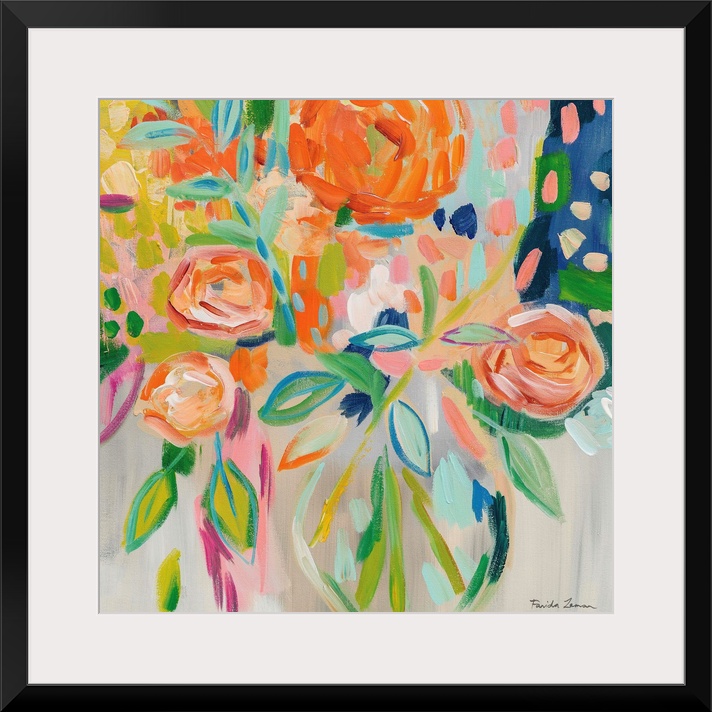 Abstract square painting of a bouquet of flowers in bold shades of orange.