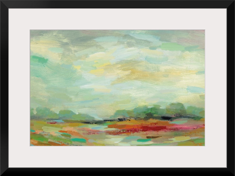 Colorful abstract landscape resembling a field at sunrise created with small horizontal brushstrokes.