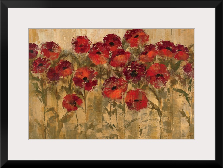 Large wall art of circular warm flowers against a grungy earth toned background.