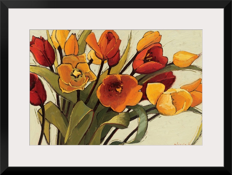 A horizontal painting that is a close up of a floral arrangement with warm, sunshiny colors.