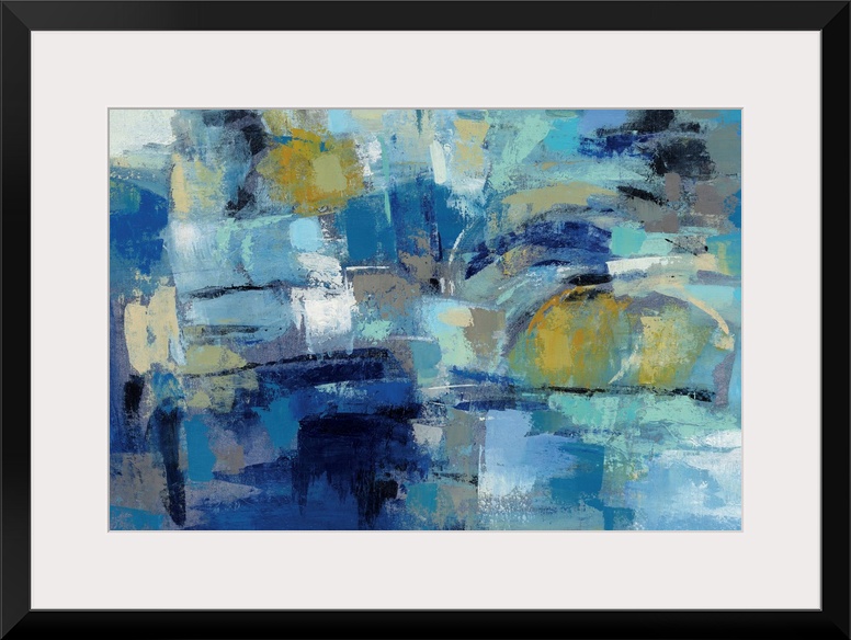 Contemporary abstract painting using tones of blue to create depth.