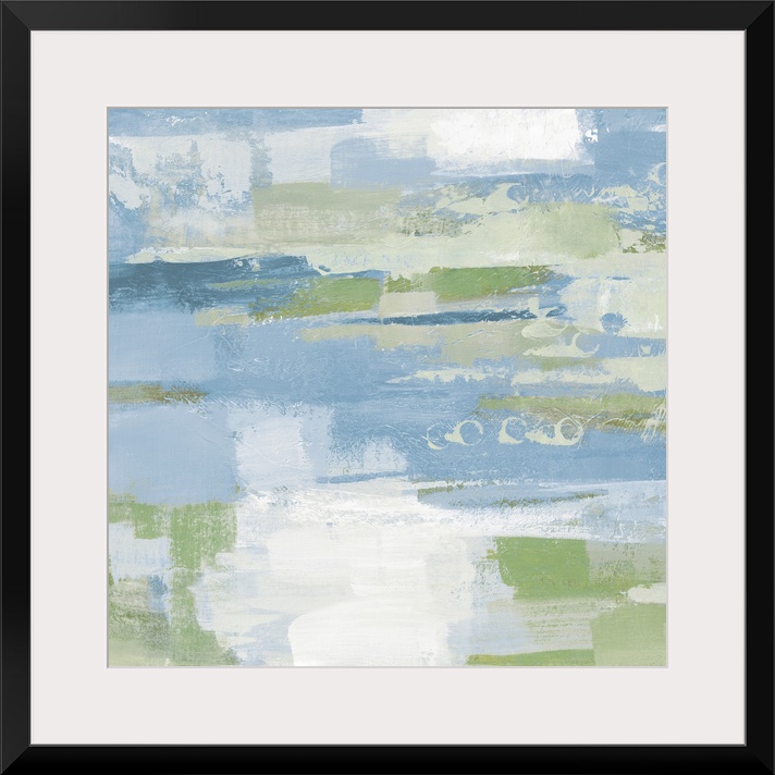 A square abstract painting of horizontal brush strokes in textured tones of blue, green and white.