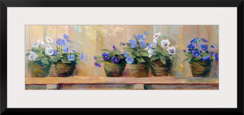 Panoramic floral art shows six potted flowers of varying color as they sit quietly on a shelf.