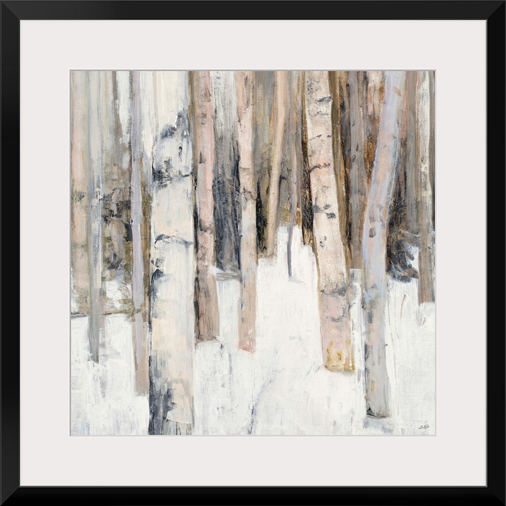 Square abstract painting of birch trees in the woods covered in snow with warm tones.