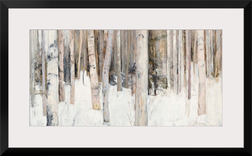 Abstract painting of birch trees in the woods covered in snow with warm tones.