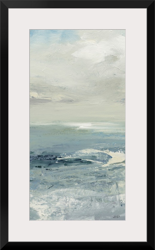 A large vertical abstract of ocean waves in textured cool tones of blue and gray.