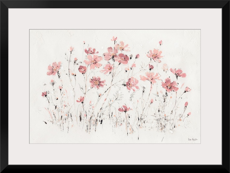 Contemporary artwork with delicate pink flowers with short black strokes over white textured background.