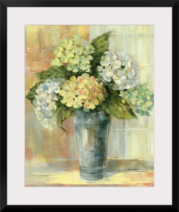 Portrait, large still life painting of golden hydrangeas in a vase, sitting on a counter if front of a tiled wall.