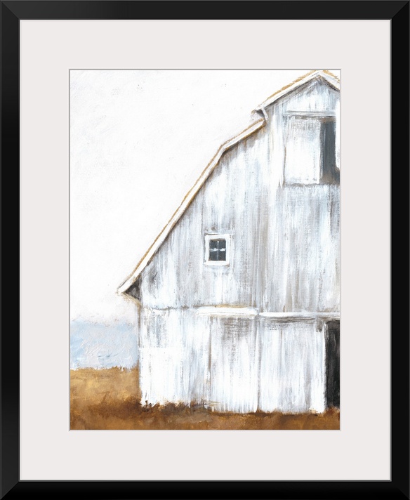 Horizontal brush strokes and a soft amber landscape form to make a cropped image of a white worn barn resting in the country.