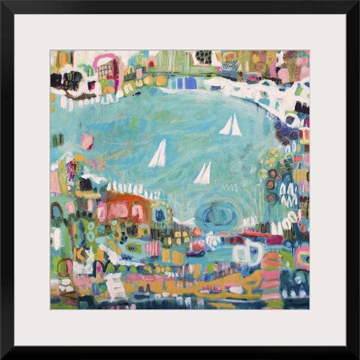 Contemporary painting of an aerial view of a coastal town with sailboats in the bay.