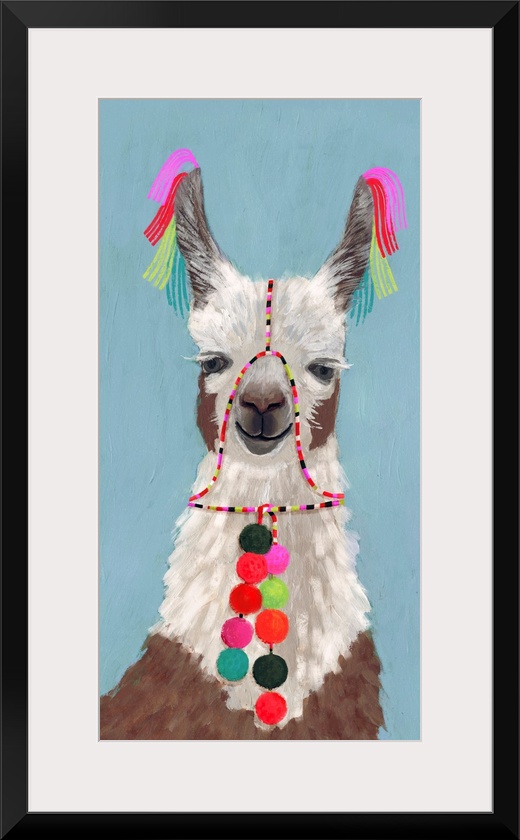 One painting in a series of festive llamas with goofy grins wearing colorful tassels and bright pom-poms.