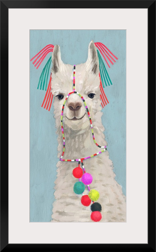 One painting in a series of festive llamas with goofy grins wearing colorful tassels and bright pom-poms.