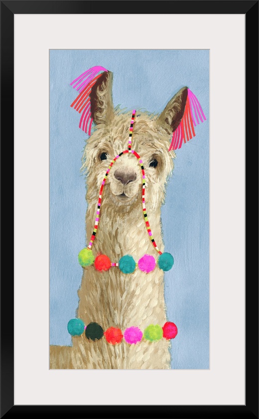 One painting in a series of festive llamas with goofy grins wearing colorful tassels and bright pom-poms.