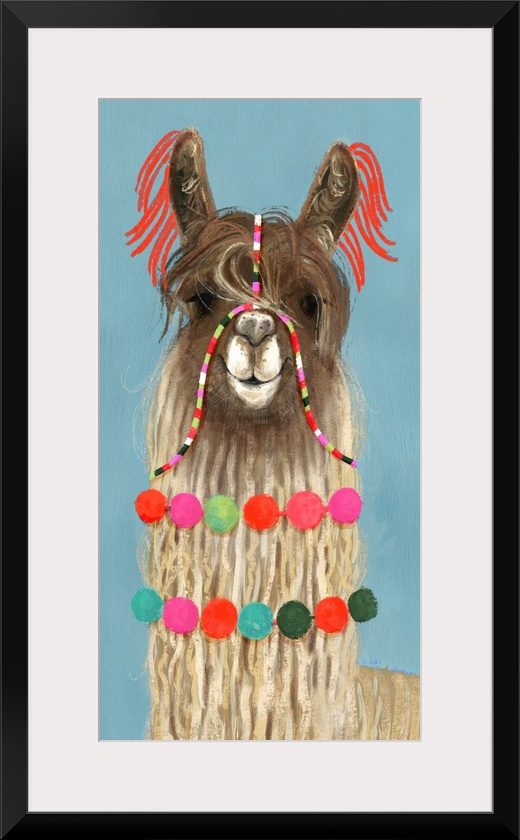 One painting in a series of festive llamas with goofy grins wearing colorful tassels and bright pom-poms.