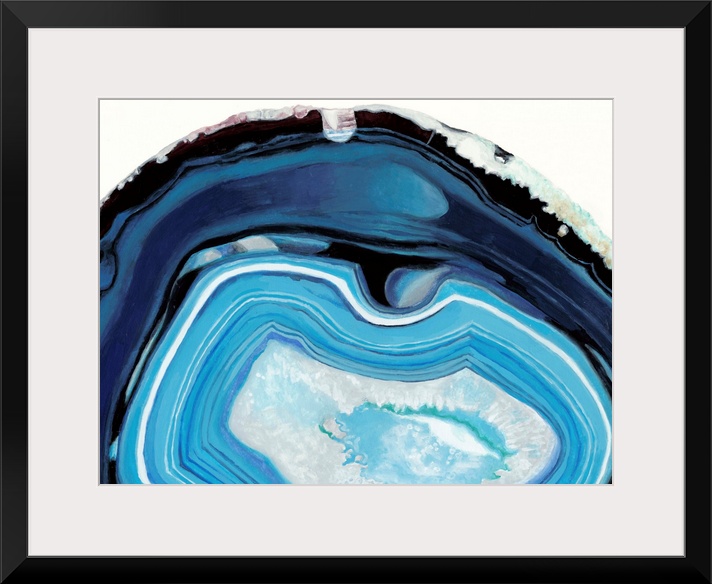 Contemporary painting of a cross section of mineral agate in bright blue.