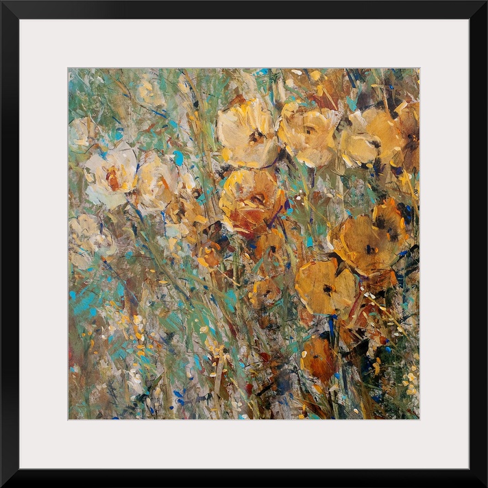Contemporary painting of abstract flowers with background consisting of colorful paint splats.