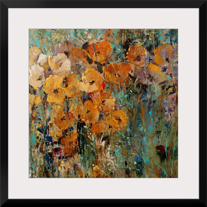 Large floral art focuses on an arrangement of flowers sitting in the wild.  Artist uses a wide spectrum or colors to creat...