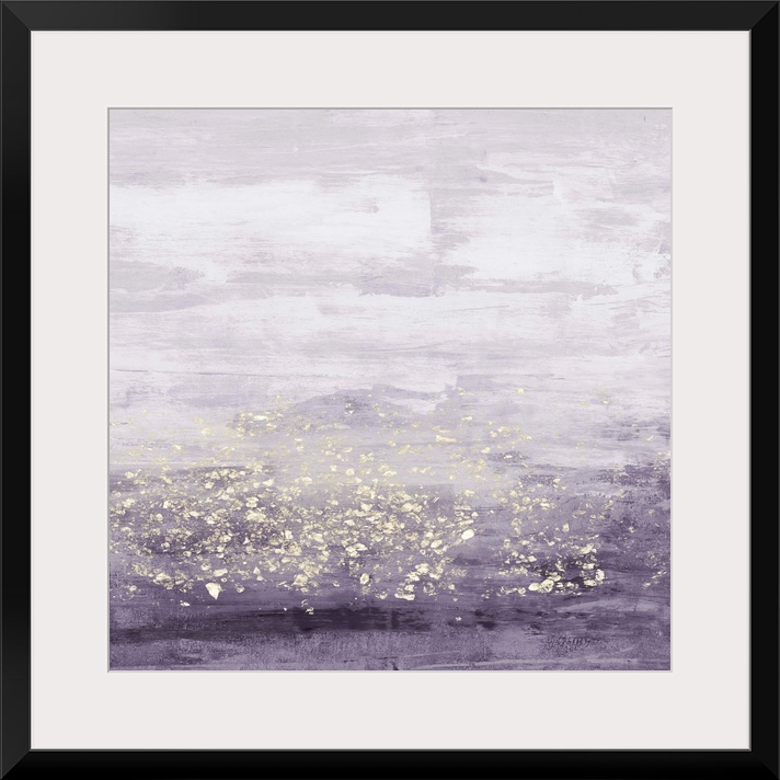 Abstract painting of horizontal brush strokes of purple,with dark shades on the bottom, and overlapping specks of gold.