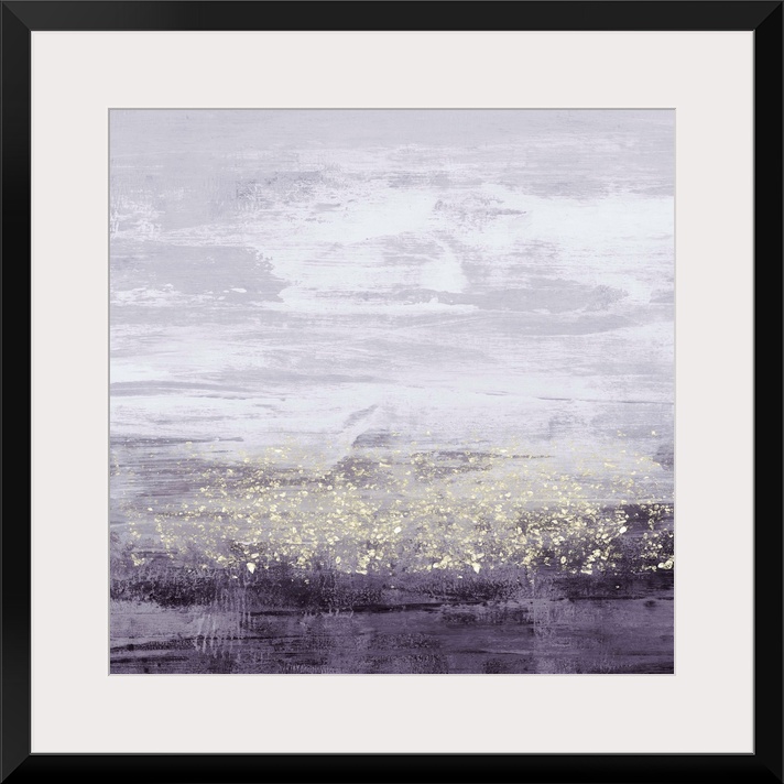 Abstract painting of horizontal brush strokes of purple,with dark shades on the bottom, and overlapping specks of gold.