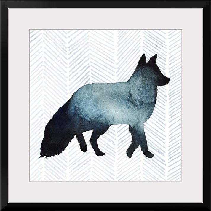 Watercolor fox silhouette on a grey geometric background.