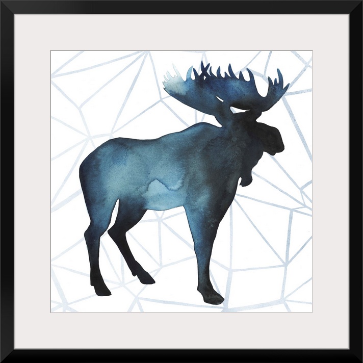 Watercolor moose silhouette on a grey geometric background.
