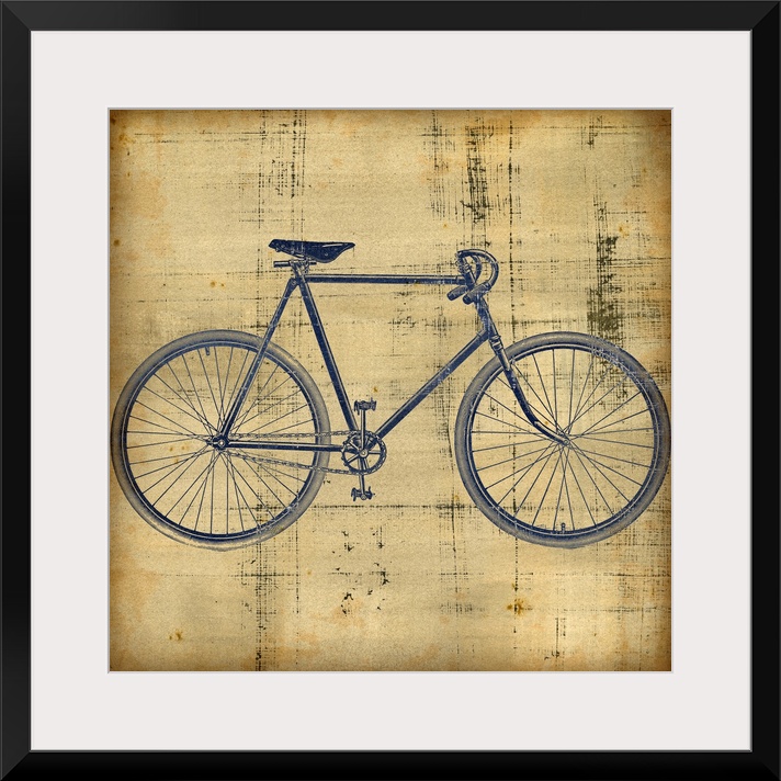 Square canvas painting of a bicycle on top of a grungy textured backdrop.