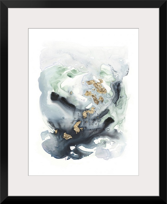 Watercolor painting of blending tones of gray and green with metallic gold leaf accents.