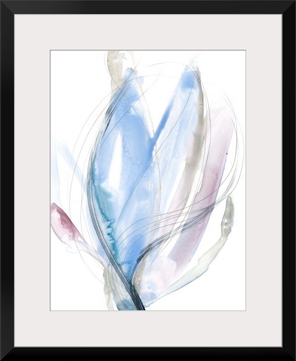 Contemporary abstract painting of a floral shaped form in azure blue.
