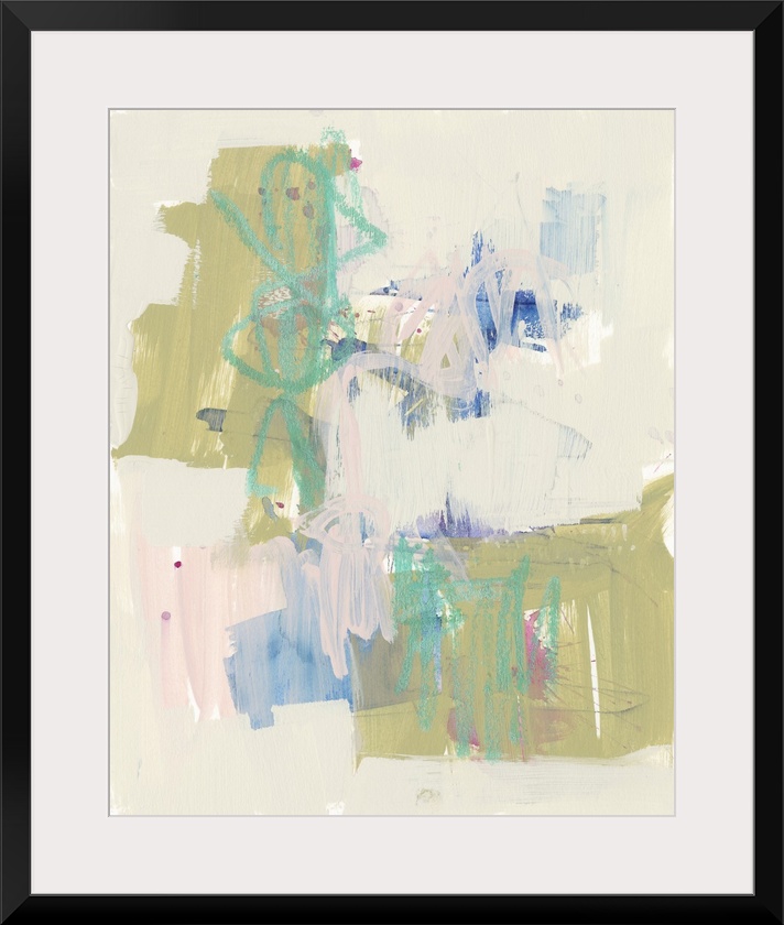 Contemporary abstract painting with bright blue and olive green shapes amongst a field of pale pink.