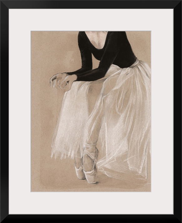 Detail drawing of the lower half of a ballerina, done in black and white on a beige background.