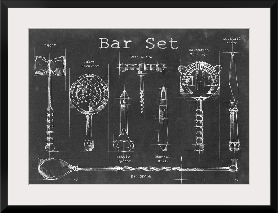 Blueprint style artwork of a cocktail recipe perfect for a kitchen or home bar.