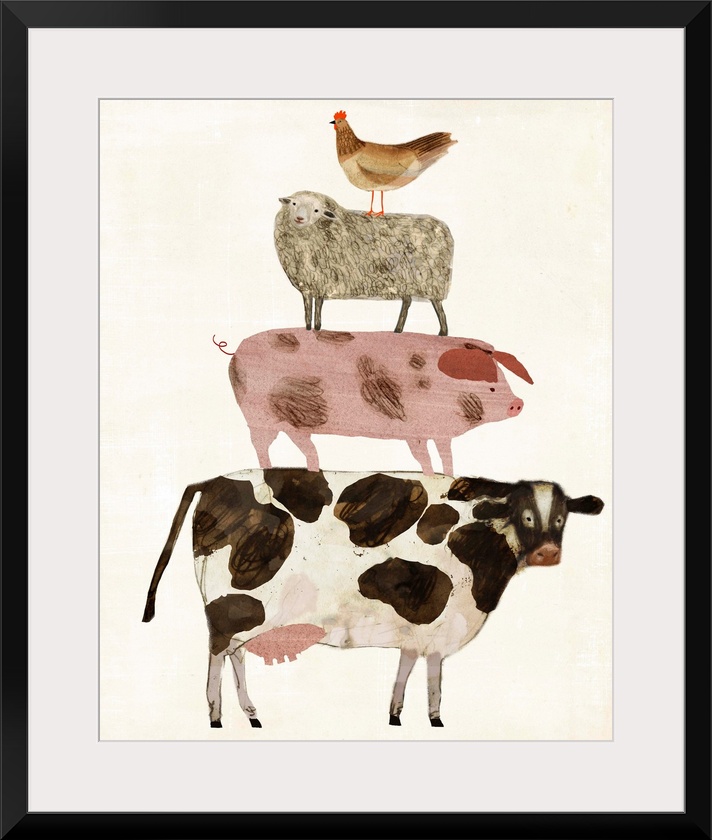 A pyramid of sketched and drawn farm animals fill the neutral distressed background in this decorative folk art.