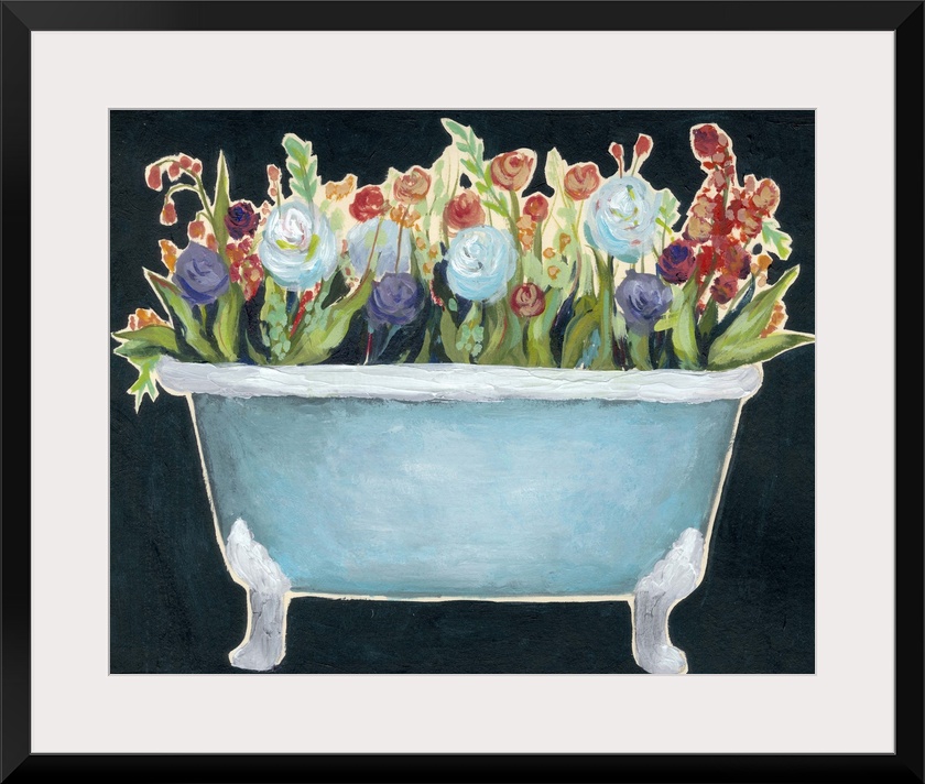 Contemporary painting of a blue bathtub filled with colorful flowers against a dark blue background.
