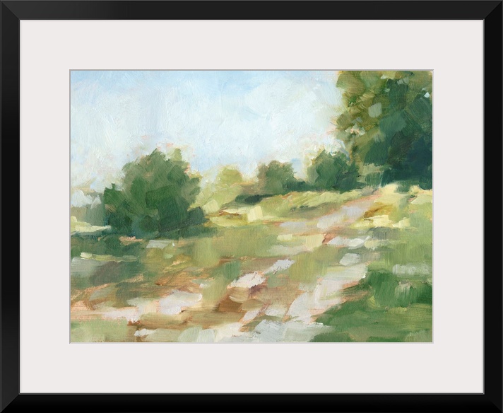 Contemporary abstract painting of a path flowing through a green landscape.