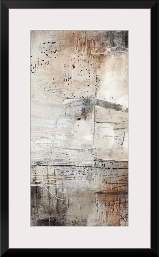 This industrial abstract artwork features textural designs in earthy and rustic tones over a chalky background.