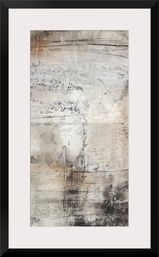 This industrial abstract artwork features textural designs in earthy and rustic tones over a chalky background.