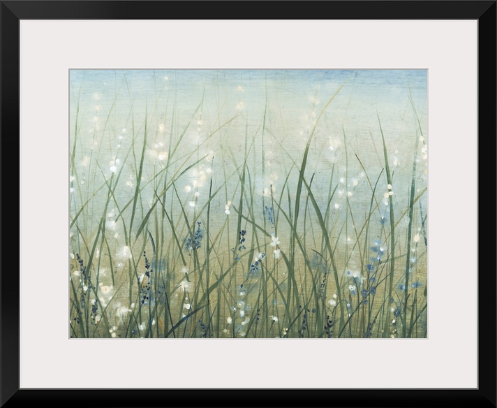 Contemporary painting of a field of wild grasses with small white flowers.