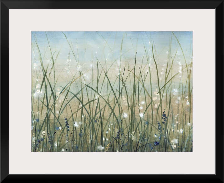 Contemporary painting of a field of wild grasses with small white flowers.