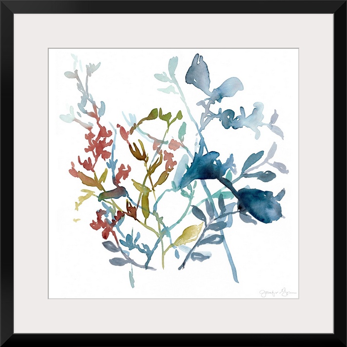 Watercolor painting of an assortment of flowers and leaves.