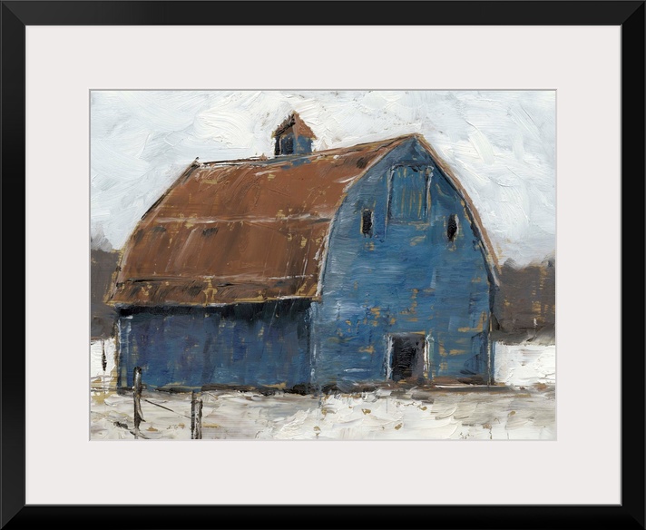 A cool, wintery image of a large denim-blue barn with a rusty brown roof on snowy ground under a sky filled with thick clo...