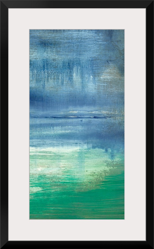 Vertical abstract painting of a turquoise bay with a hazy sky and pastel water, with the subtle reflection of the coast on...