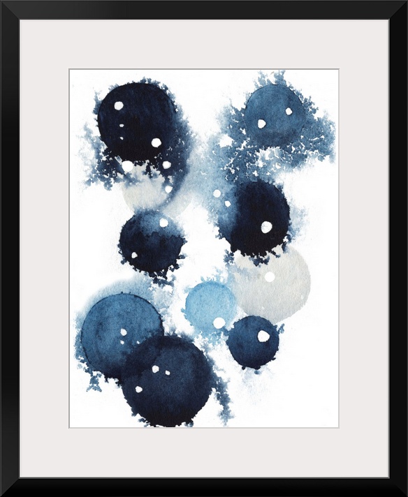 Contemporary abstract artwork of blue globular shapes with bleed stretching out into empty space.