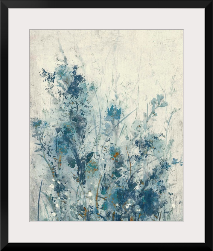 Vertical contemporary painting of a garden of spring flowers in different shades of blue.