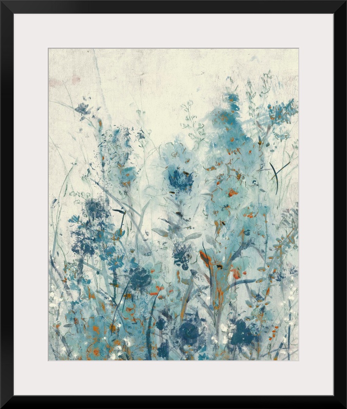 Vertical contemporary painting of a garden of spring flowers in different shades of blue.