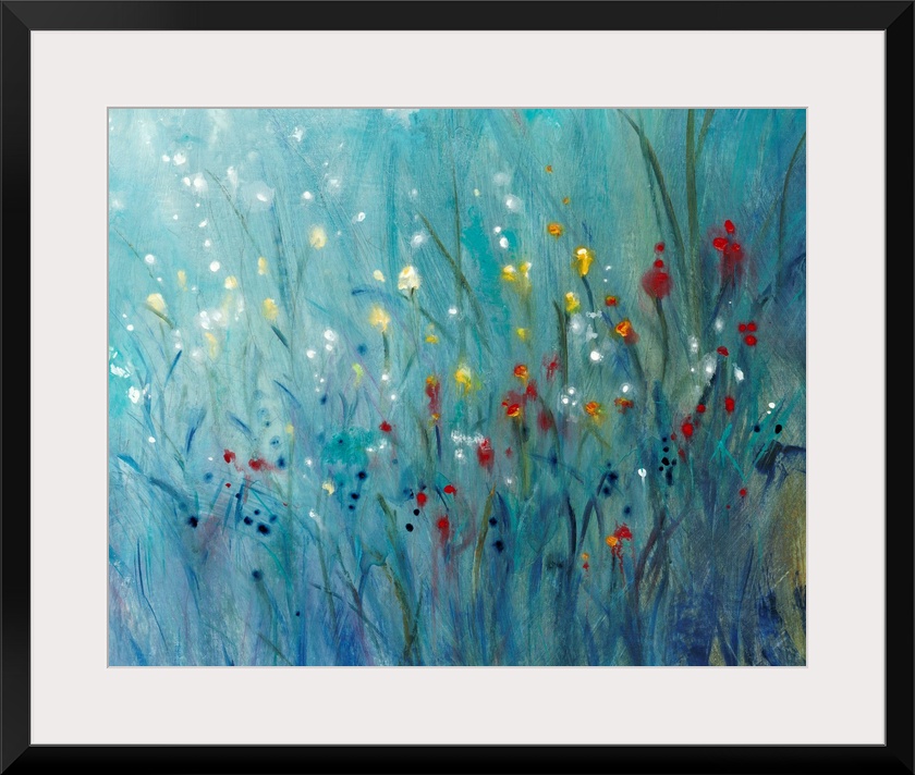 Contemporary painting of small, brightly colored wildflowers contrasted against dark grass.