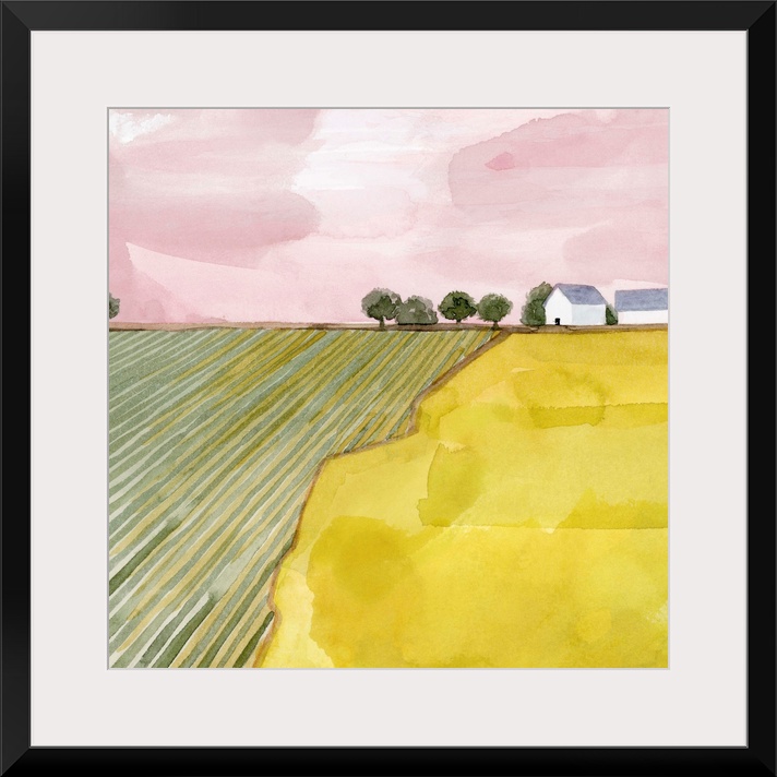 Pink and green contemporary watercolor landscape.