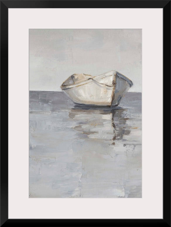 Contemporary painting of a boat sitting on the ocean in various gray tones.