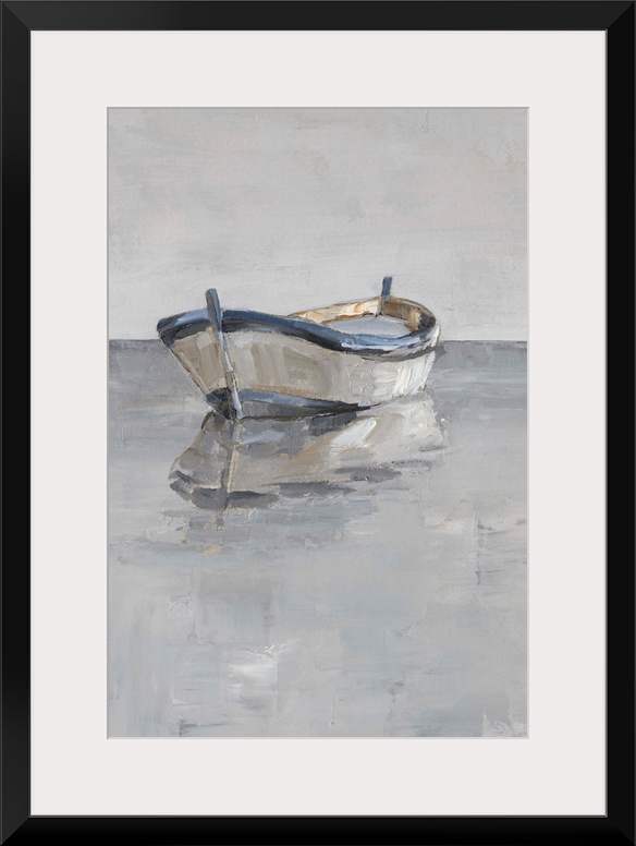 Contemporary painting of a boat sitting on the ocean in various gray tones.