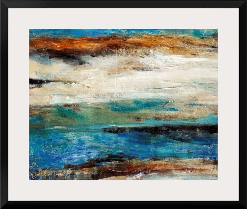 Contemporary abstract art using cool tones mixed with earth tones in a horizontal formation.